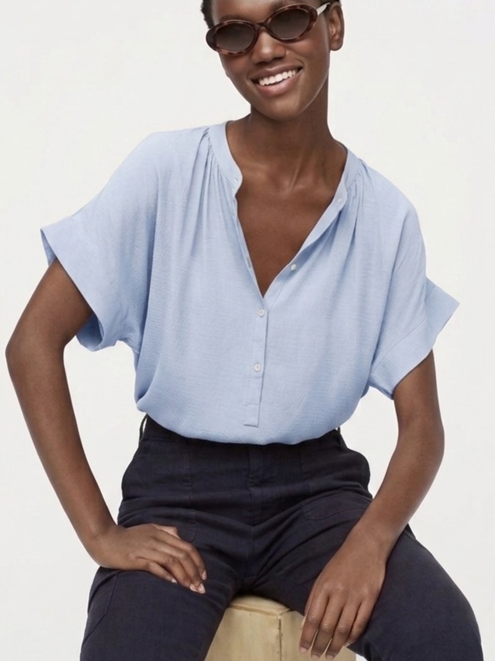 J.Crew Point Sur Drapey Popover Light Powder Blue Blouse M